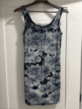 Black & Gray Tie-Dye Ribbed Tank Dress with front snap/button detail